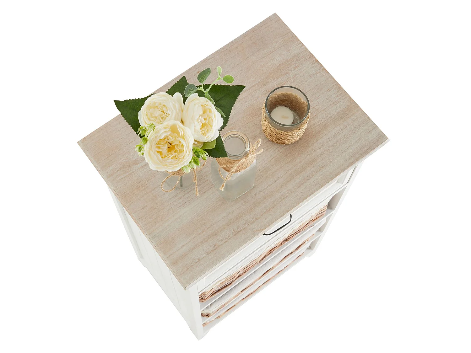 Commode PROVENCE rangement 1 tiroir et 3 paniers étagère en bois de paulownia style shabby chic vintage rustique campagnard blanc