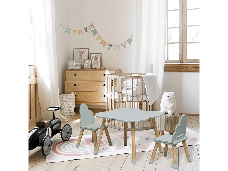 Table et 2 Chaises pour Enfants en MDF Pin Vert pour Chambre d'Enfant Salle de Jeux