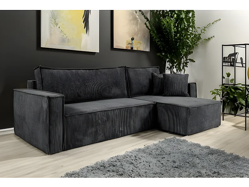 Canapé d'angle convertible NERO en velours côtelé gris foncé