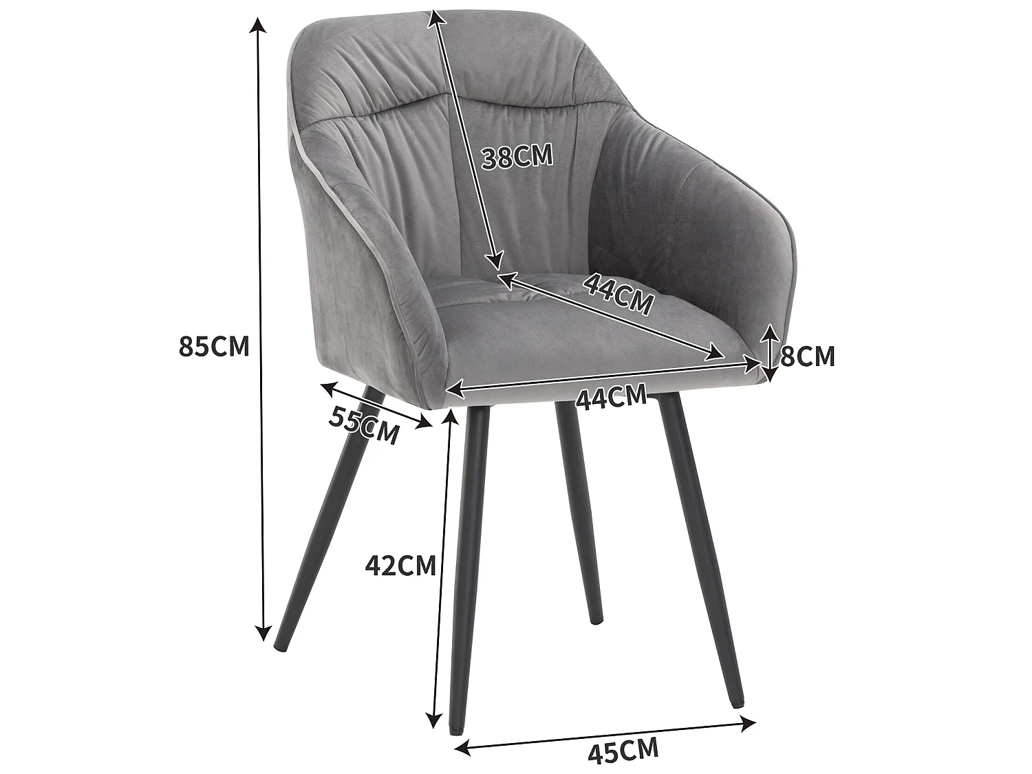 Lot de 2 Chaises en velours avec accoudoirs - pieds réglables - Gris