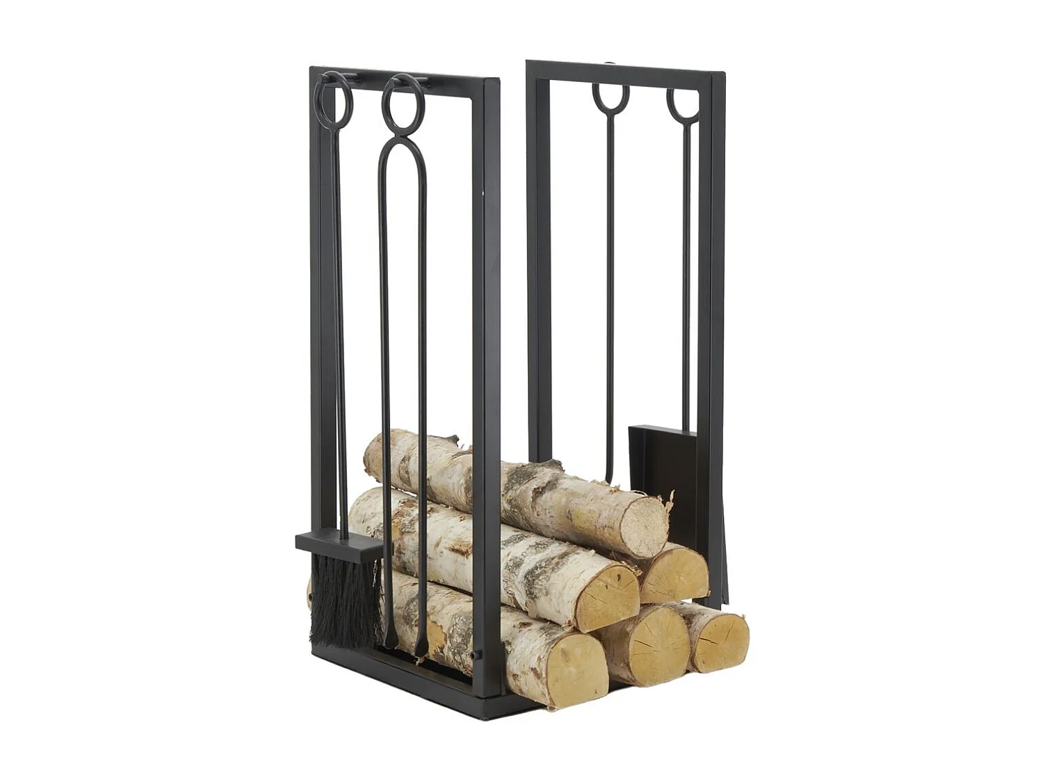 Porte-bûches + 4 accessoires de cheminée en métal noir