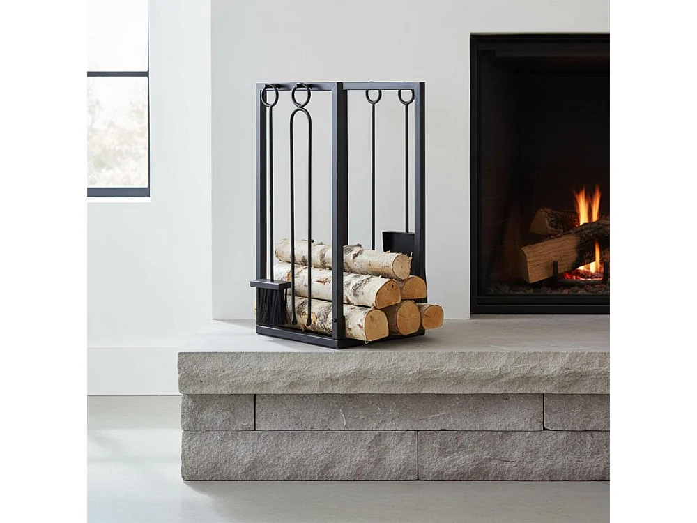 Porte-bûches + 4 accessoires de cheminée en métal noir