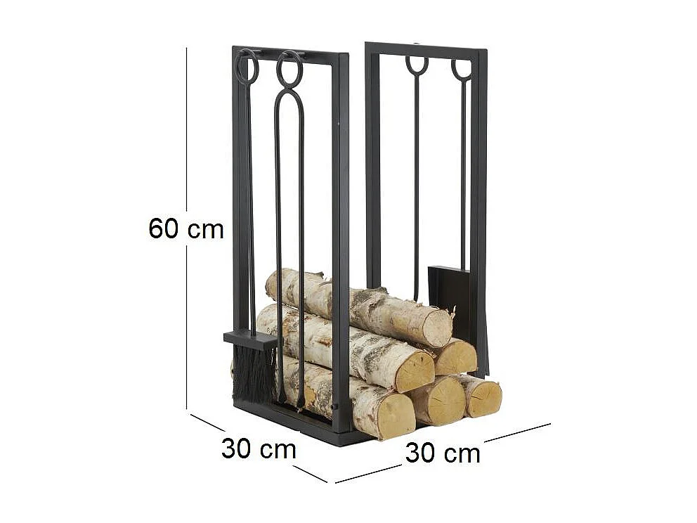 Porte-bûches + 4 accessoires de cheminée en métal noir