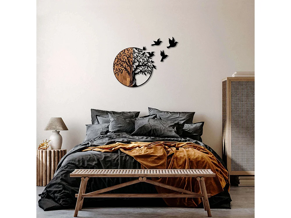 Décoration murale en bois et métal Arbre et oiseaux en vol