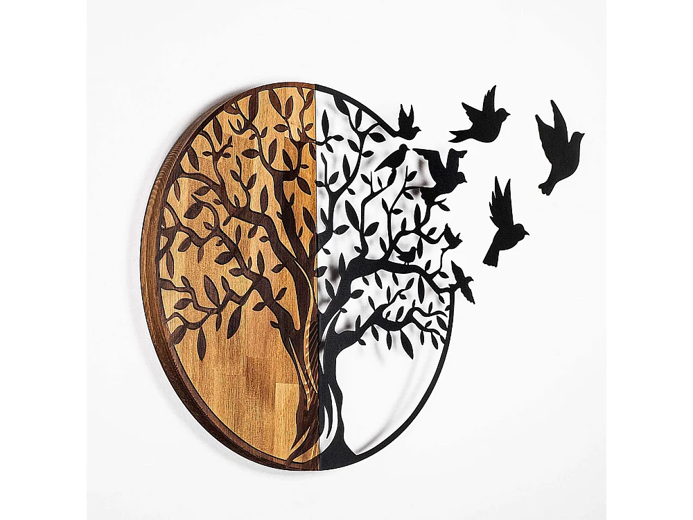 Décoration murale en bois et métal Arbre et oiseaux en vol
