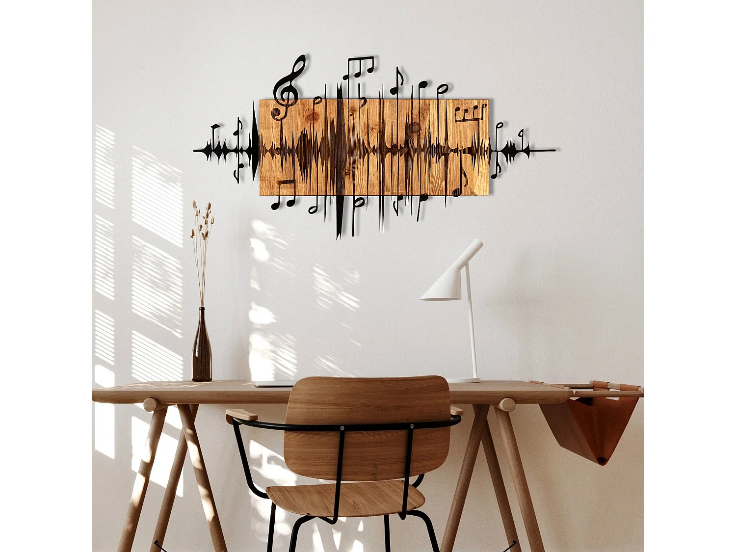 Décoration murale en métal et bois Notes de musique 90 x 47 cm