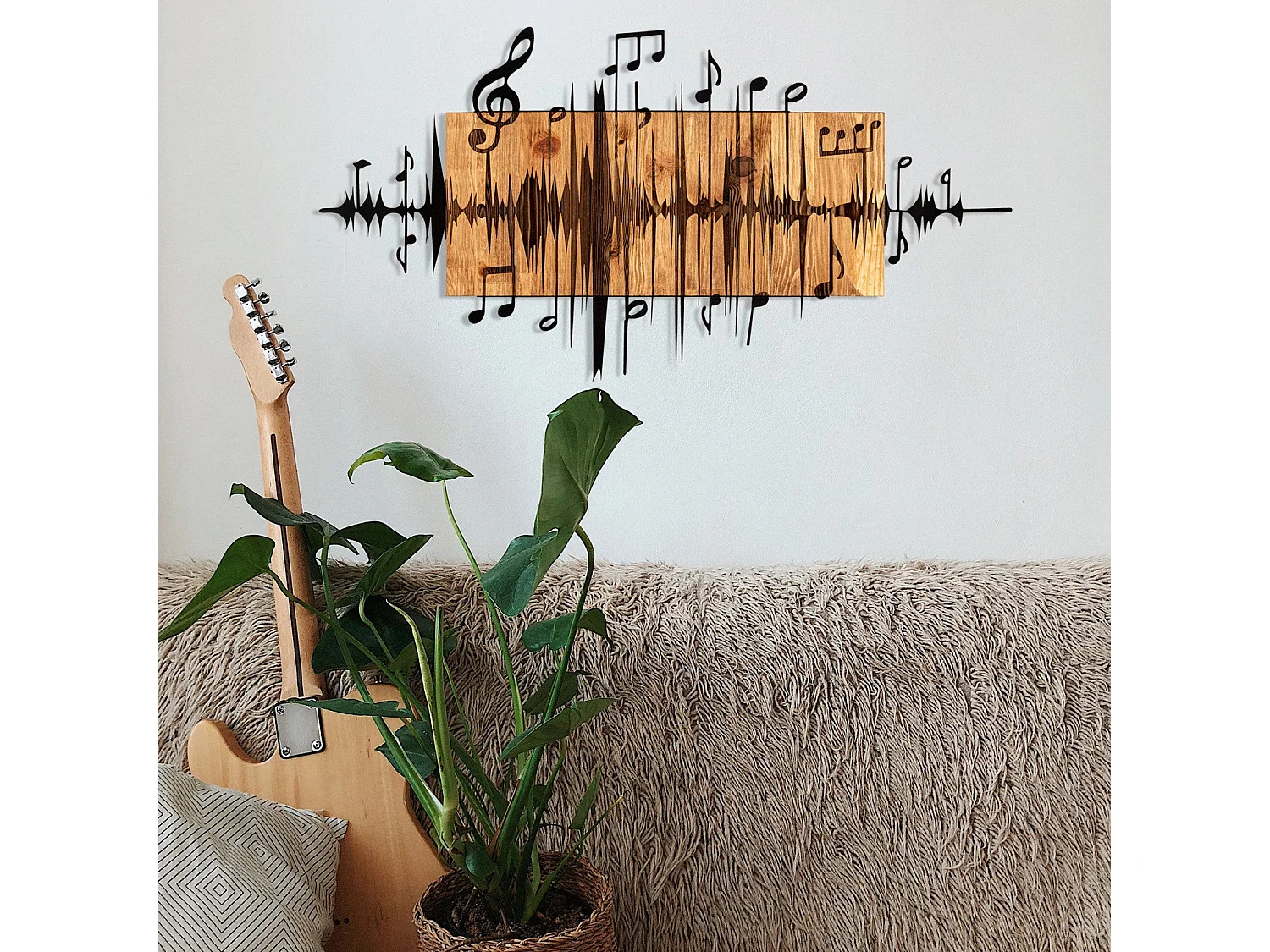 Décoration murale en métal et bois Notes de musique 90 x 47 cm