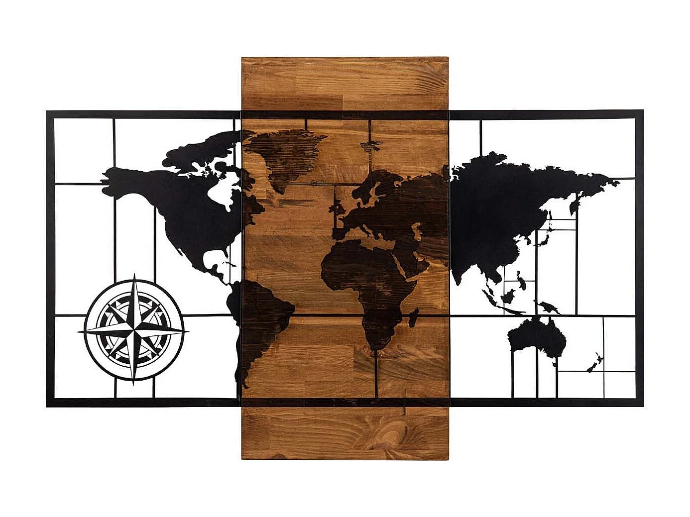 Décoration murale mappemonde avec points cardinaux Chiara L85xH58cm Bois foncé et Métal Noir