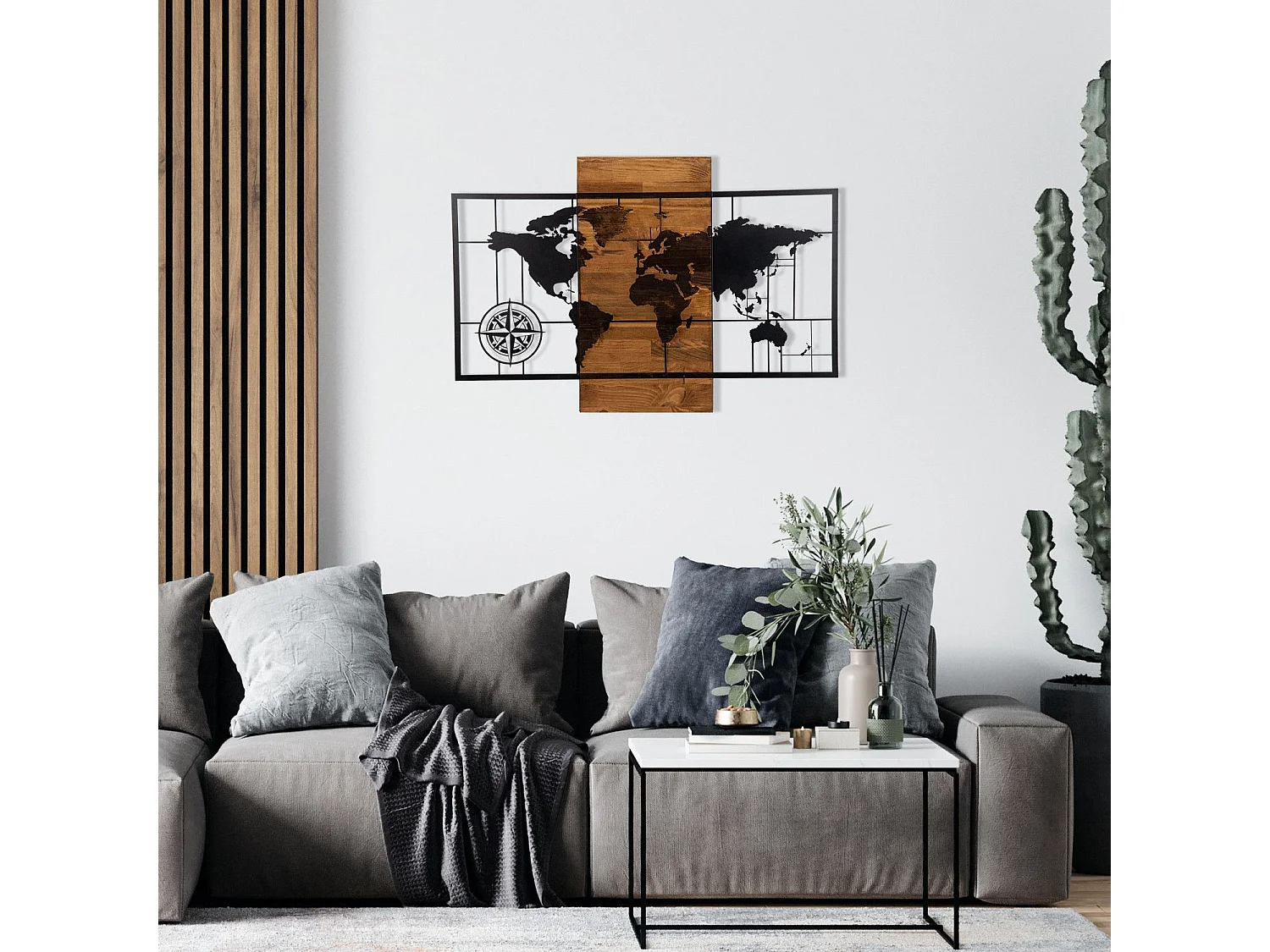 Décoration murale mappemonde avec points cardinaux Chiara L85xH58cm Bois foncé et Métal Noir