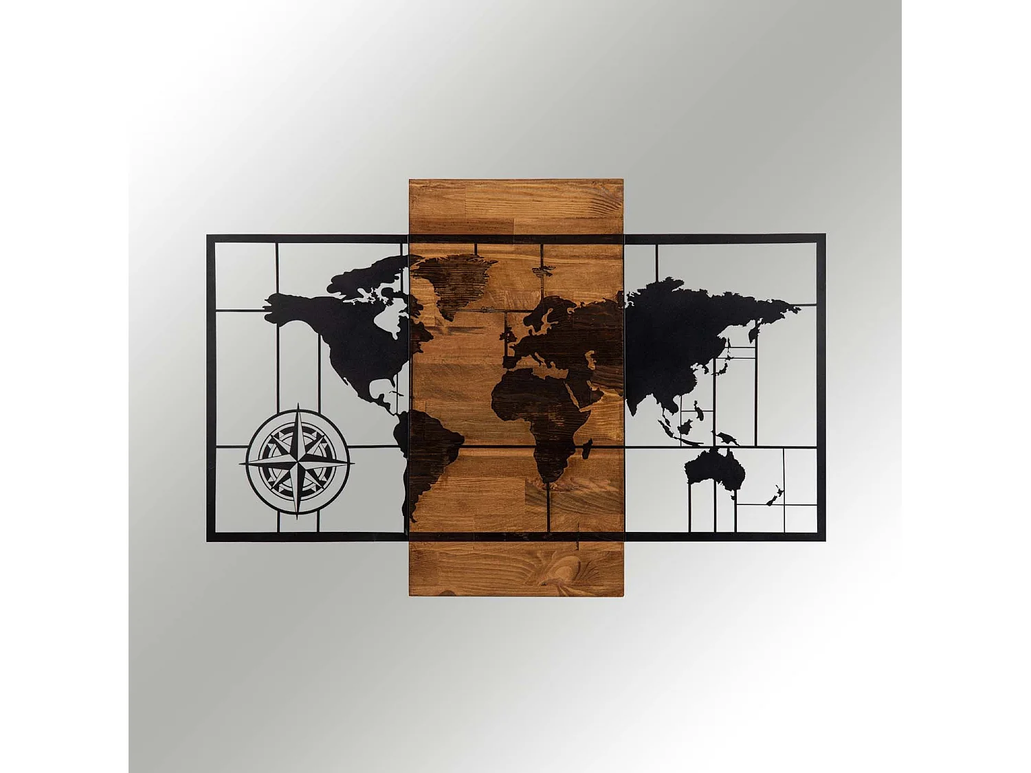 Décoration murale mappemonde avec points cardinaux Chiara L85xH58cm Bois foncé et Métal Noir