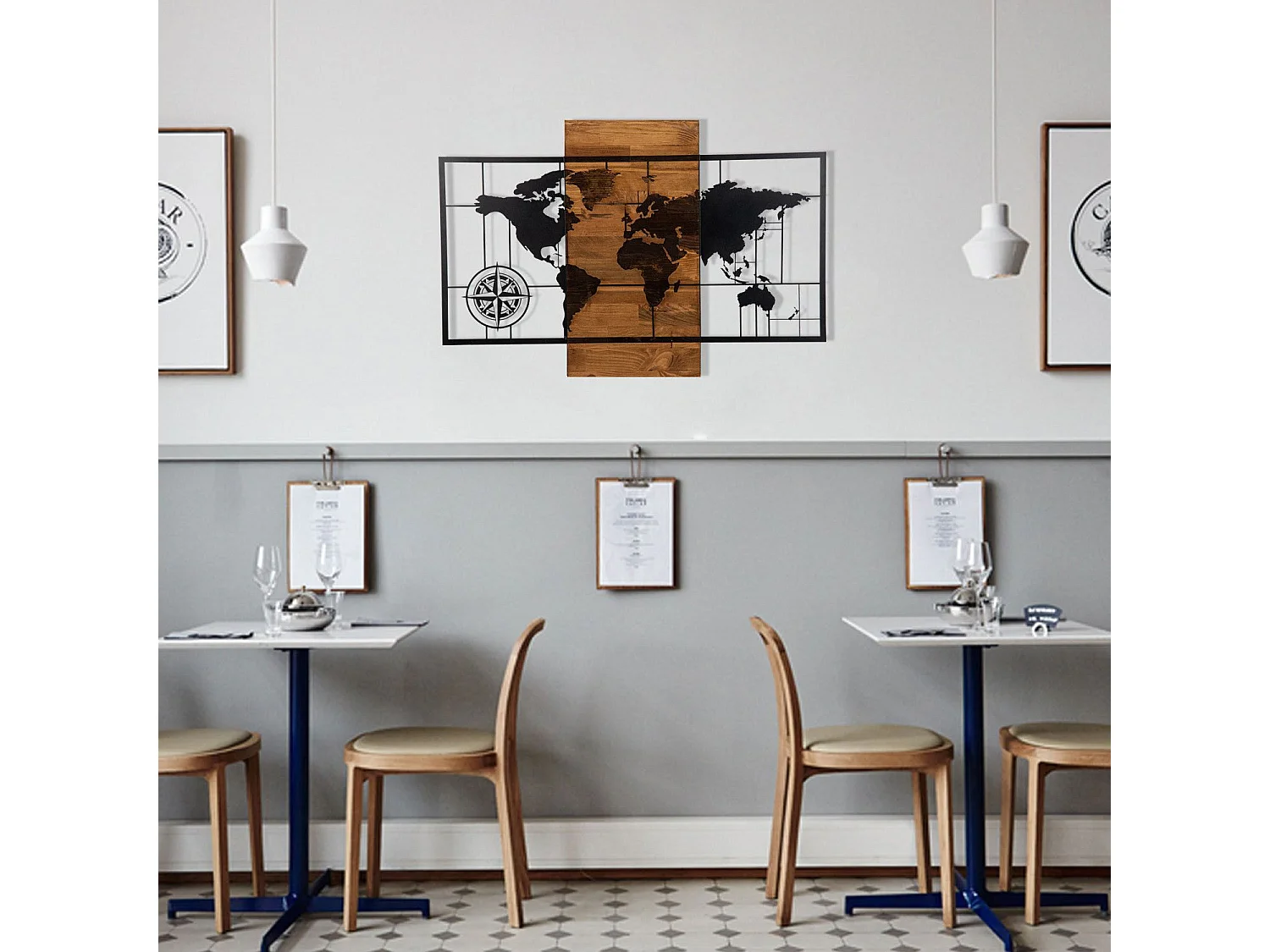 Décoration murale mappemonde avec points cardinaux Chiara L85xH58cm Bois foncé et Métal Noir