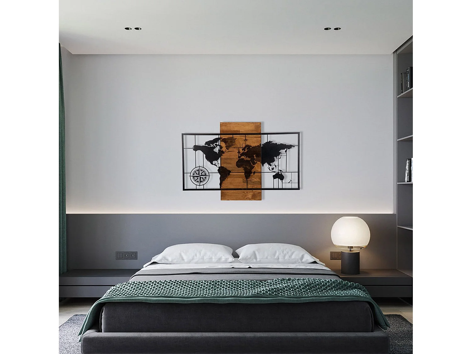 Décoration murale mappemonde avec points cardinaux Chiara L85xH58cm Bois foncé et Métal Noir