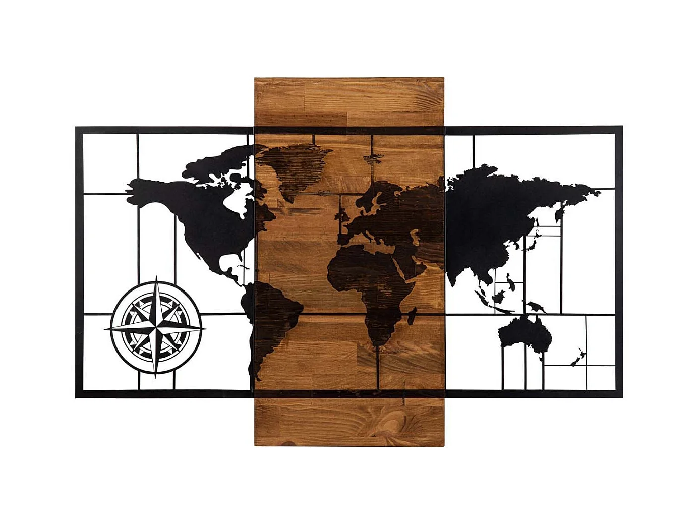 Décoration murale mappemonde avec points cardinaux Chiara L85xH58cm Bois foncé et Métal Noir