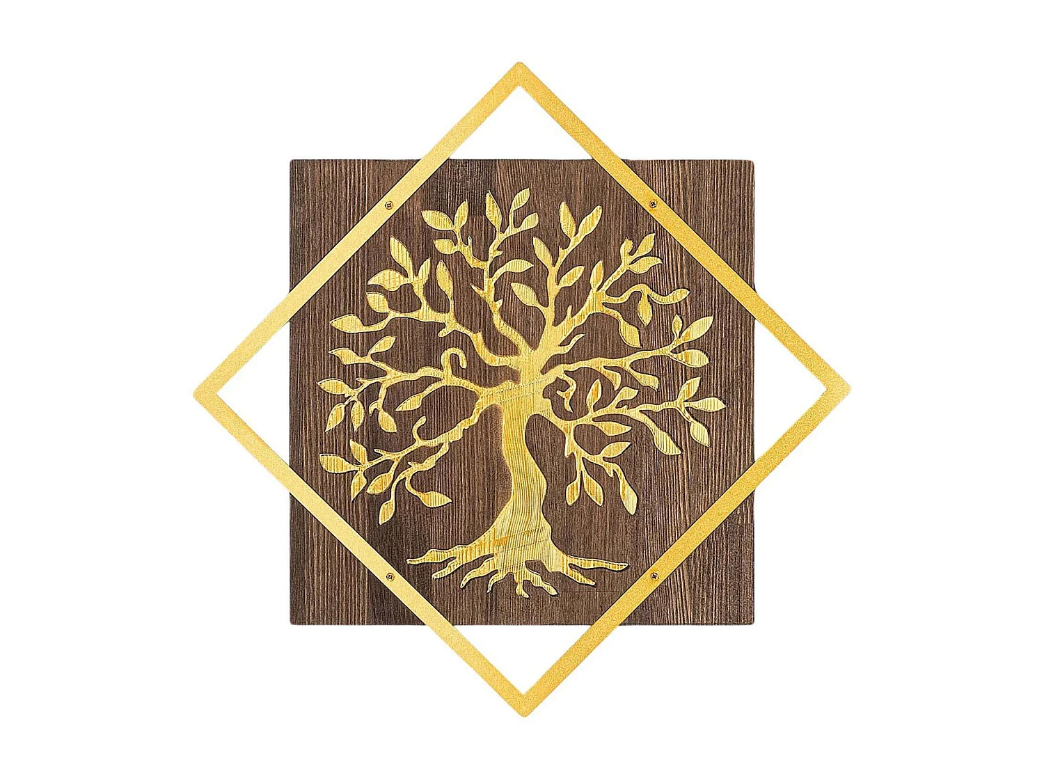 Accesorio decorativo de pared en madera y metal – 54 x 54 cm – nogal y dorado