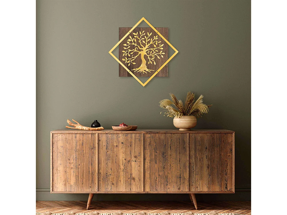 Accesorio decorativo de pared en madera y metal – 54 x 54 cm – nogal y dorado