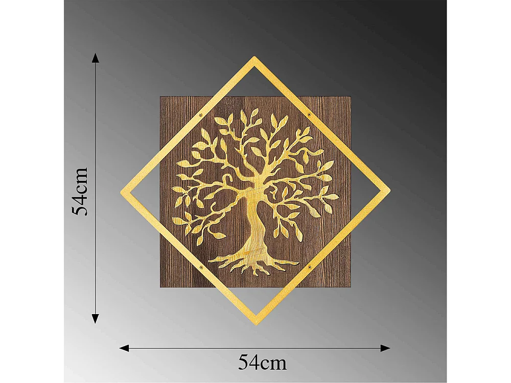 Accesorio decorativo de pared en madera y metal – 54 x 54 cm – nogal y dorado