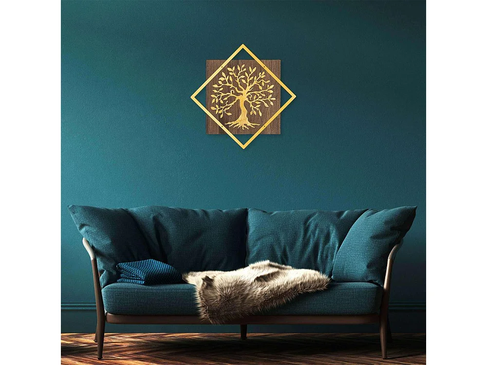 Accesorio decorativo de pared en madera y metal – 54 x 54 cm – nogal y dorado