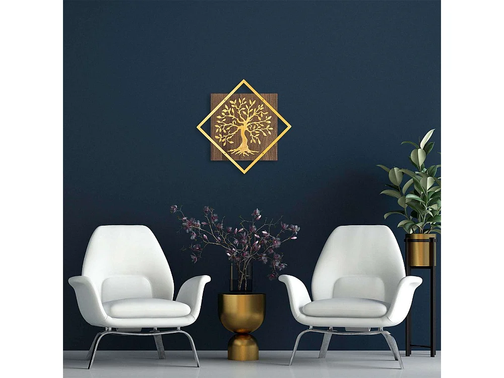 Accesorio decorativo de pared en madera y metal – 54 x 54 cm – nogal y dorado