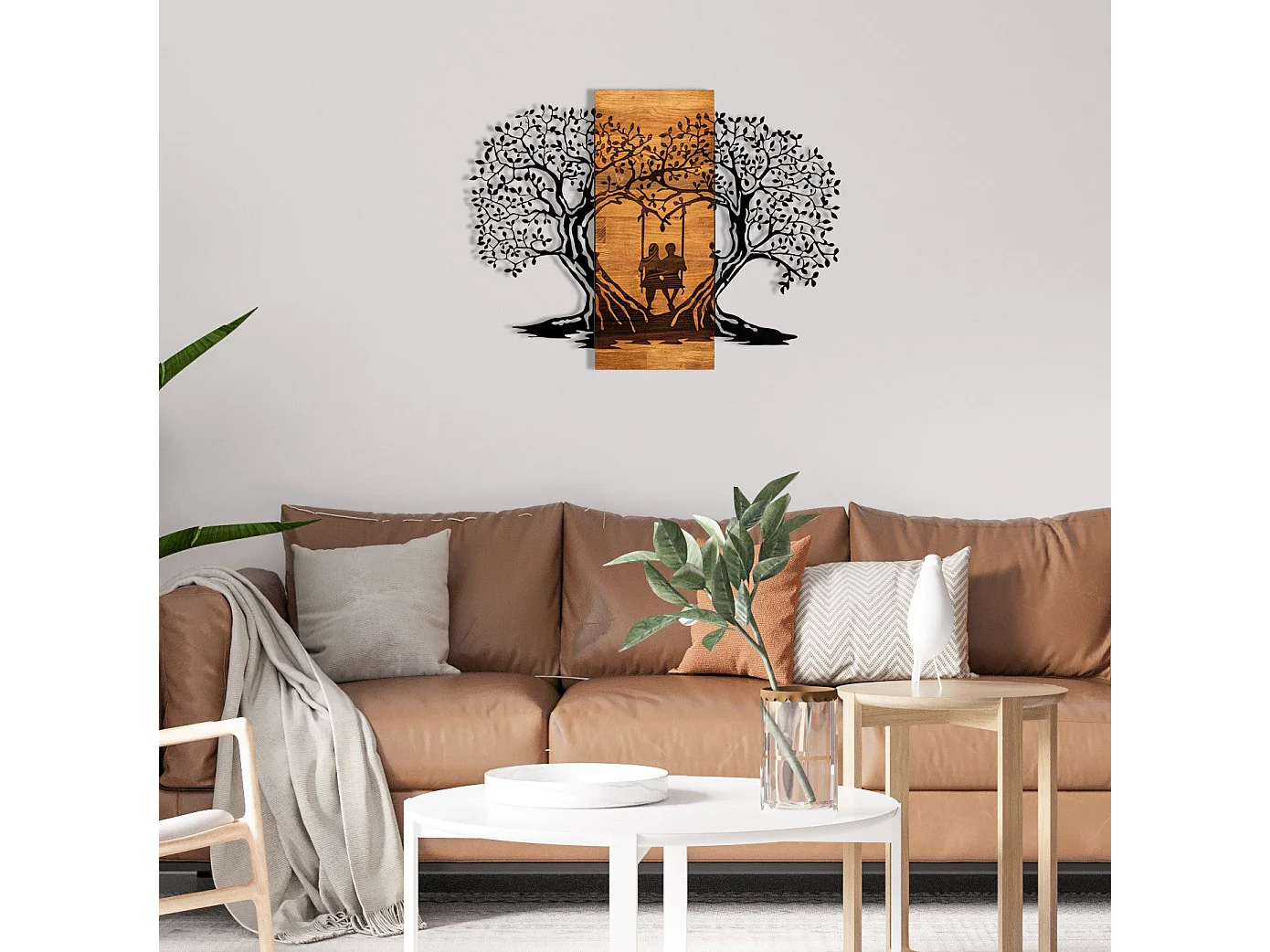 Décoration murale en métal et bois Amoureux sur balançoire