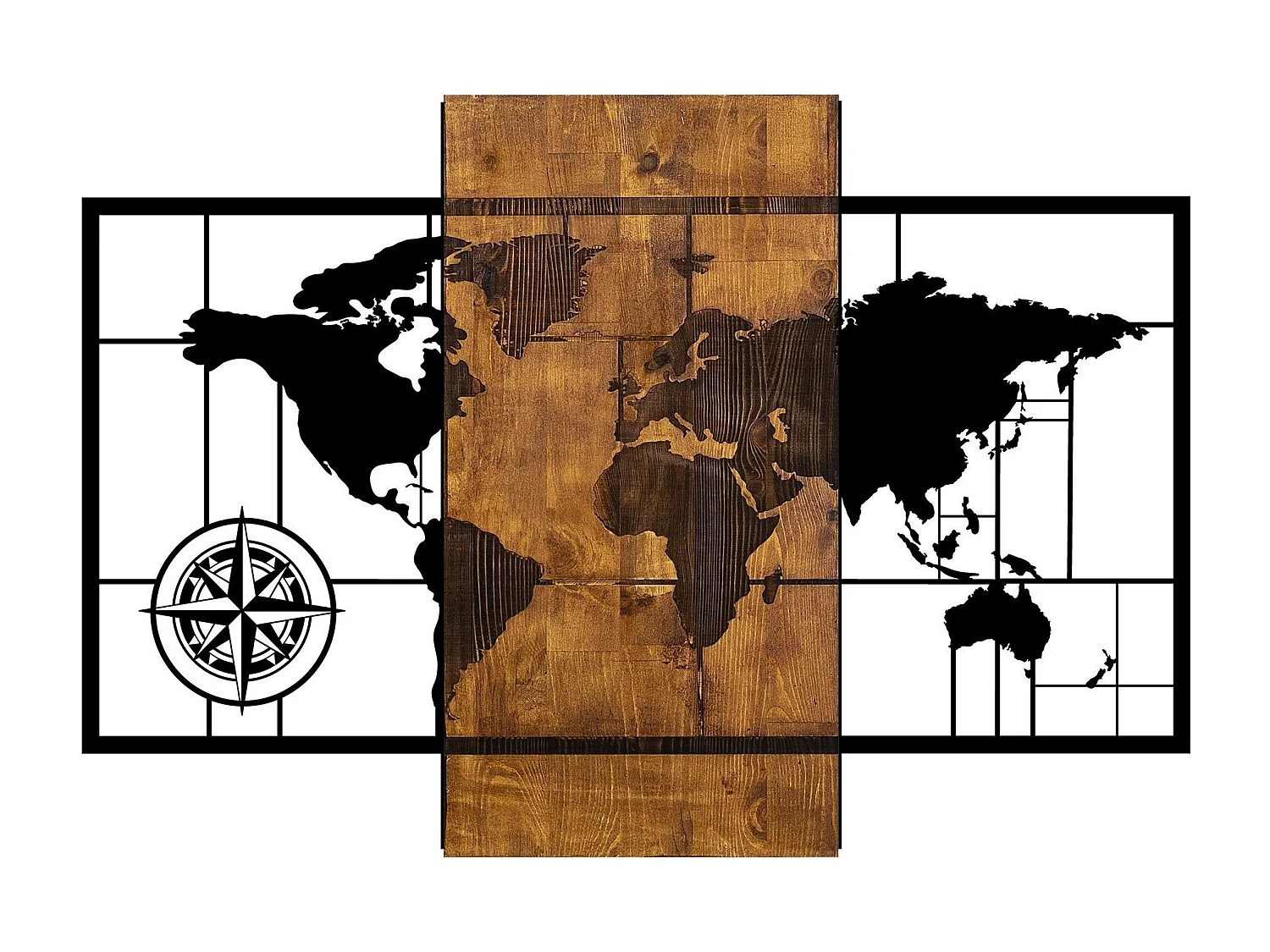 Décoration murale mappemonde points cardinaux Chiara L85xH58cm Métal Noir et Bois massif foncé