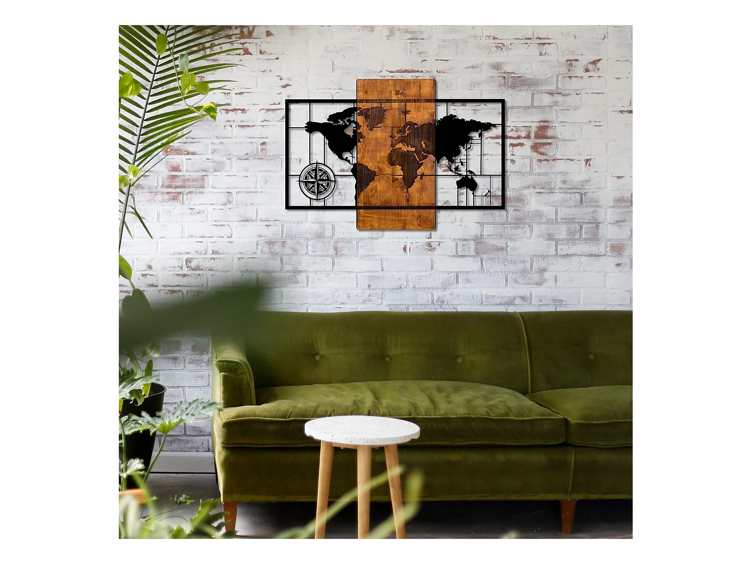 Décoration murale mappemonde points cardinaux Chiara L85xH58cm Métal Noir et Bois massif foncé