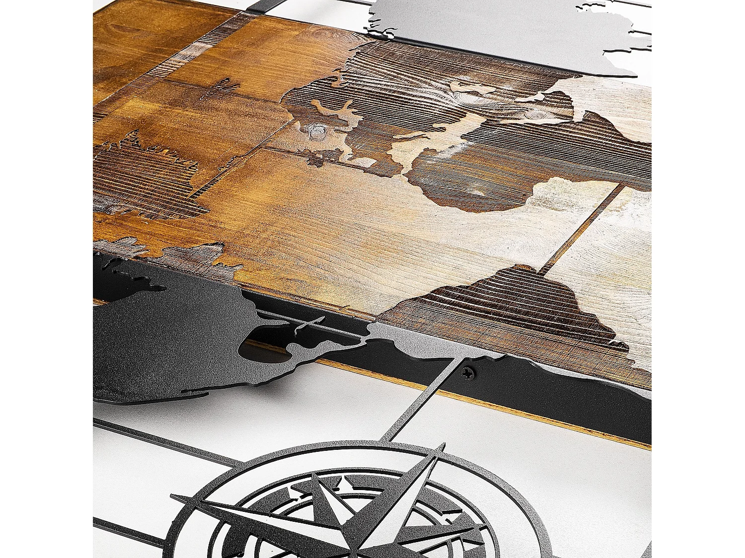 Décoration murale mappemonde points cardinaux Chiara L85xH58cm Métal Noir et Bois massif foncé