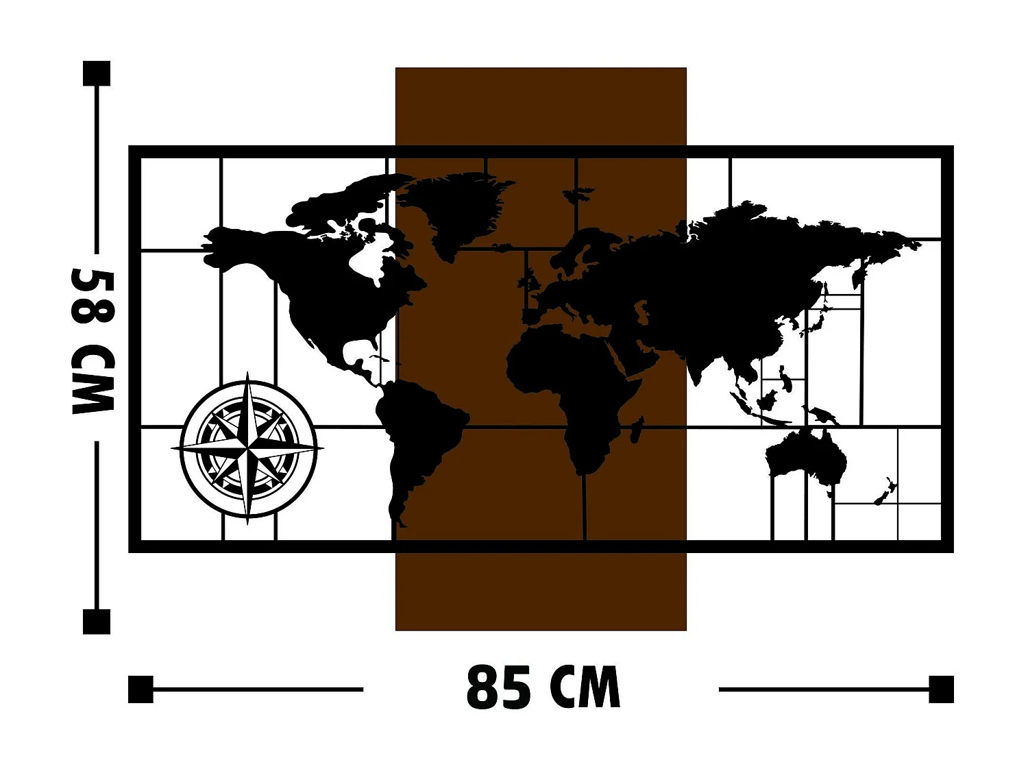 Décoration murale mappemonde points cardinaux Chiara L85xH58cm Métal Noir et Bois massif foncé