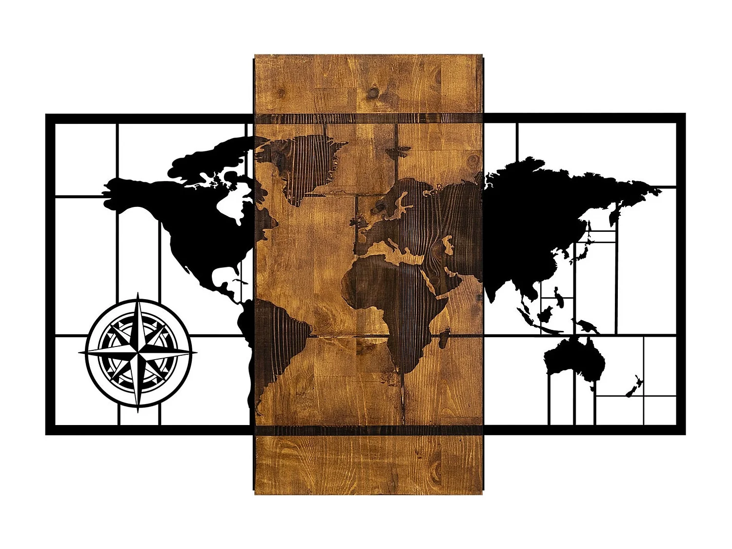 Décoration murale mappemonde points cardinaux Chiara L85xH58cm Métal Noir et Bois massif foncé