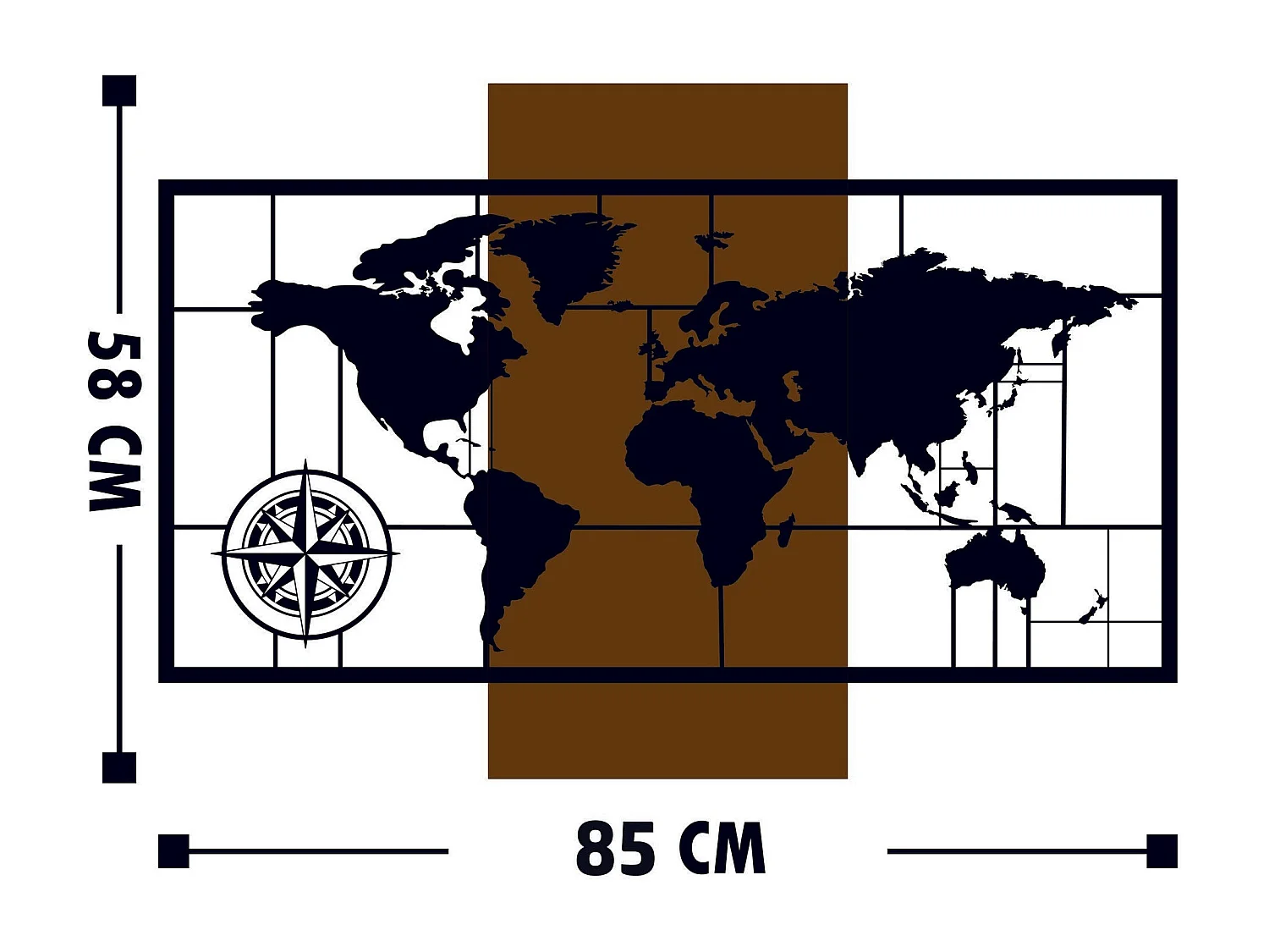 Décoration murale mappemonde points cardinaux Chiara L85xH58cm Métal Noir et Bois massif foncé