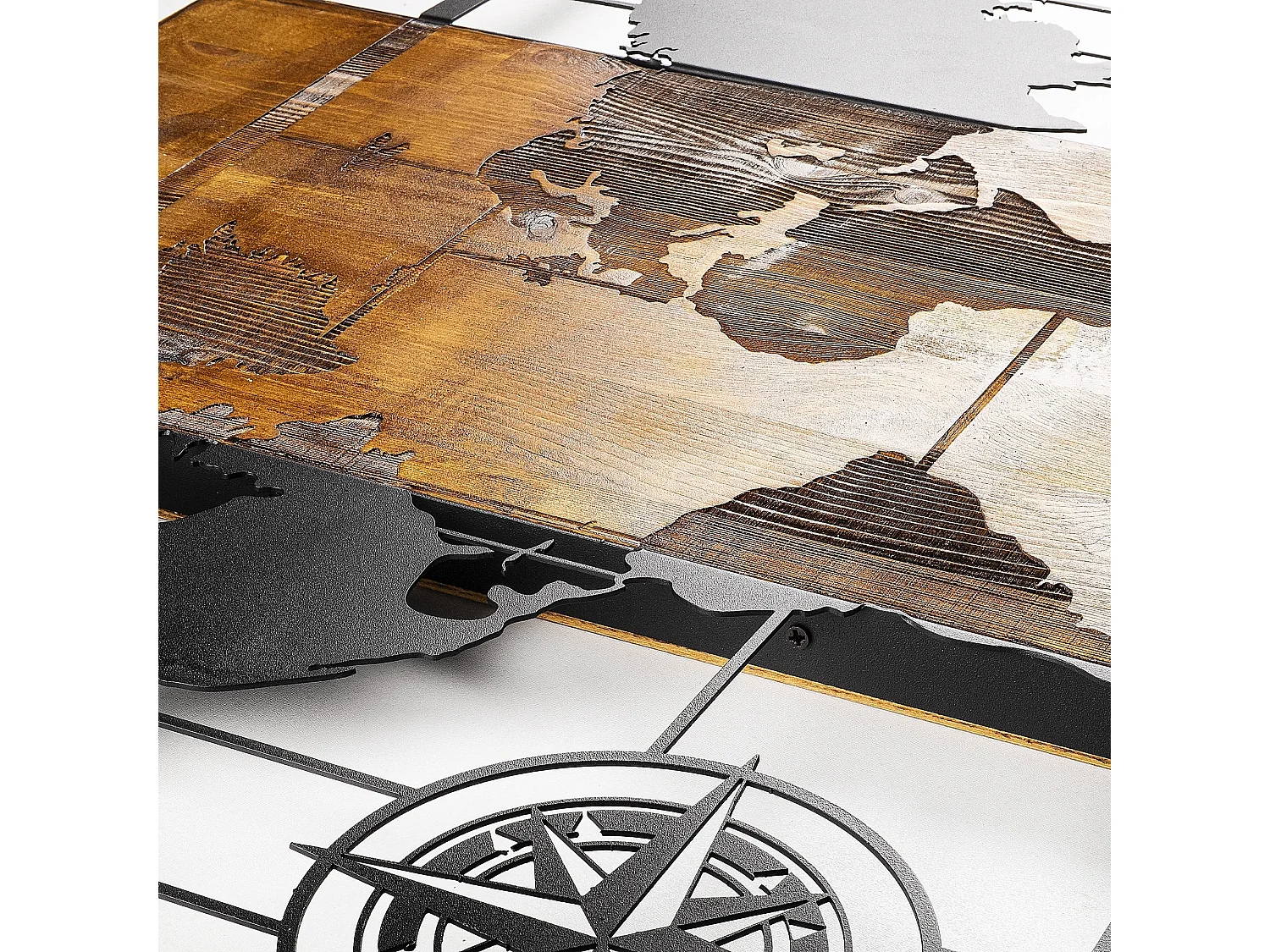 Décoration murale mappemonde points cardinaux Chiara L85xH58cm Métal Noir et Bois massif foncé