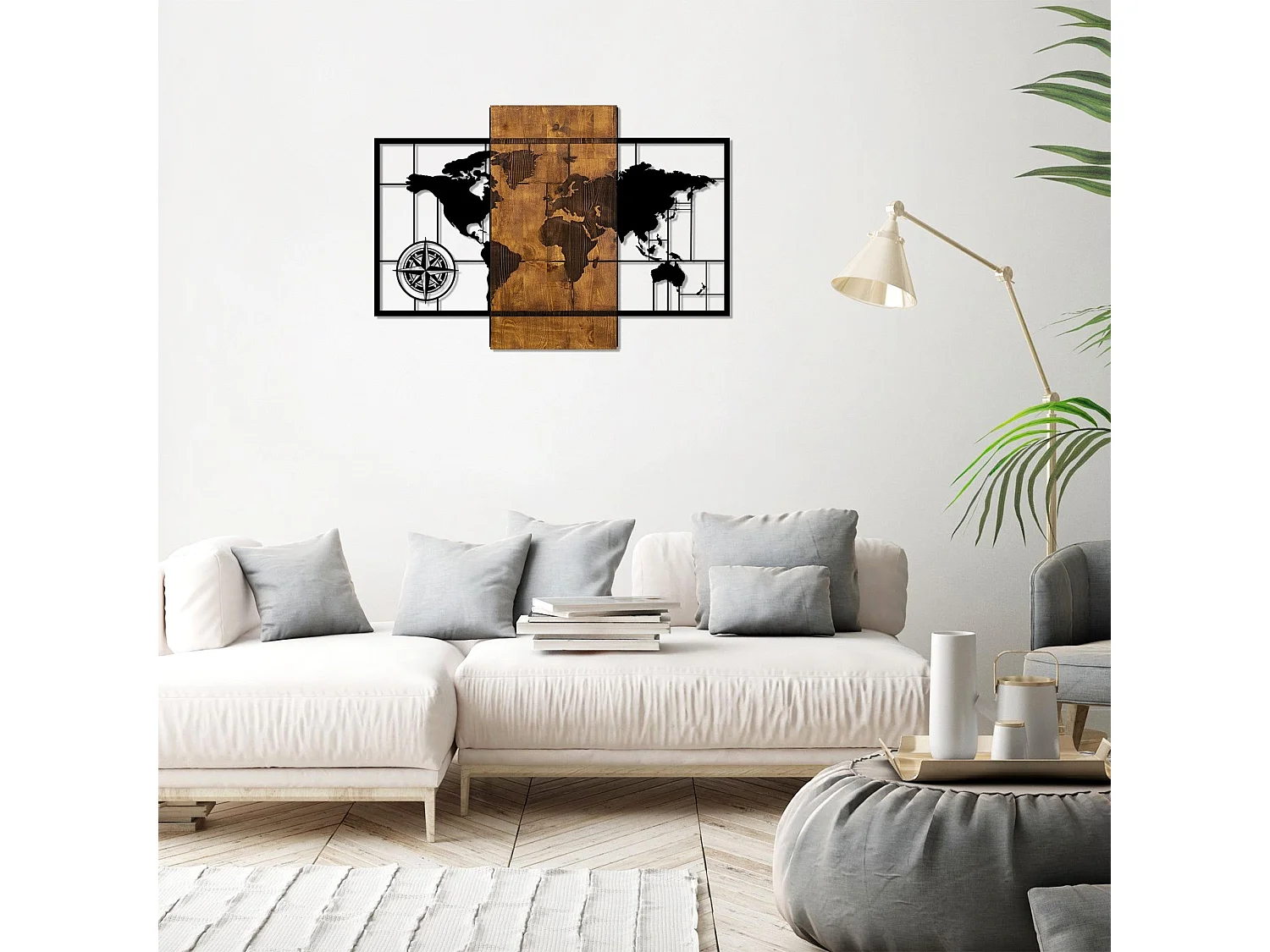 Décoration murale mappemonde points cardinaux Chiara L85xH58cm Métal Noir et Bois massif foncé