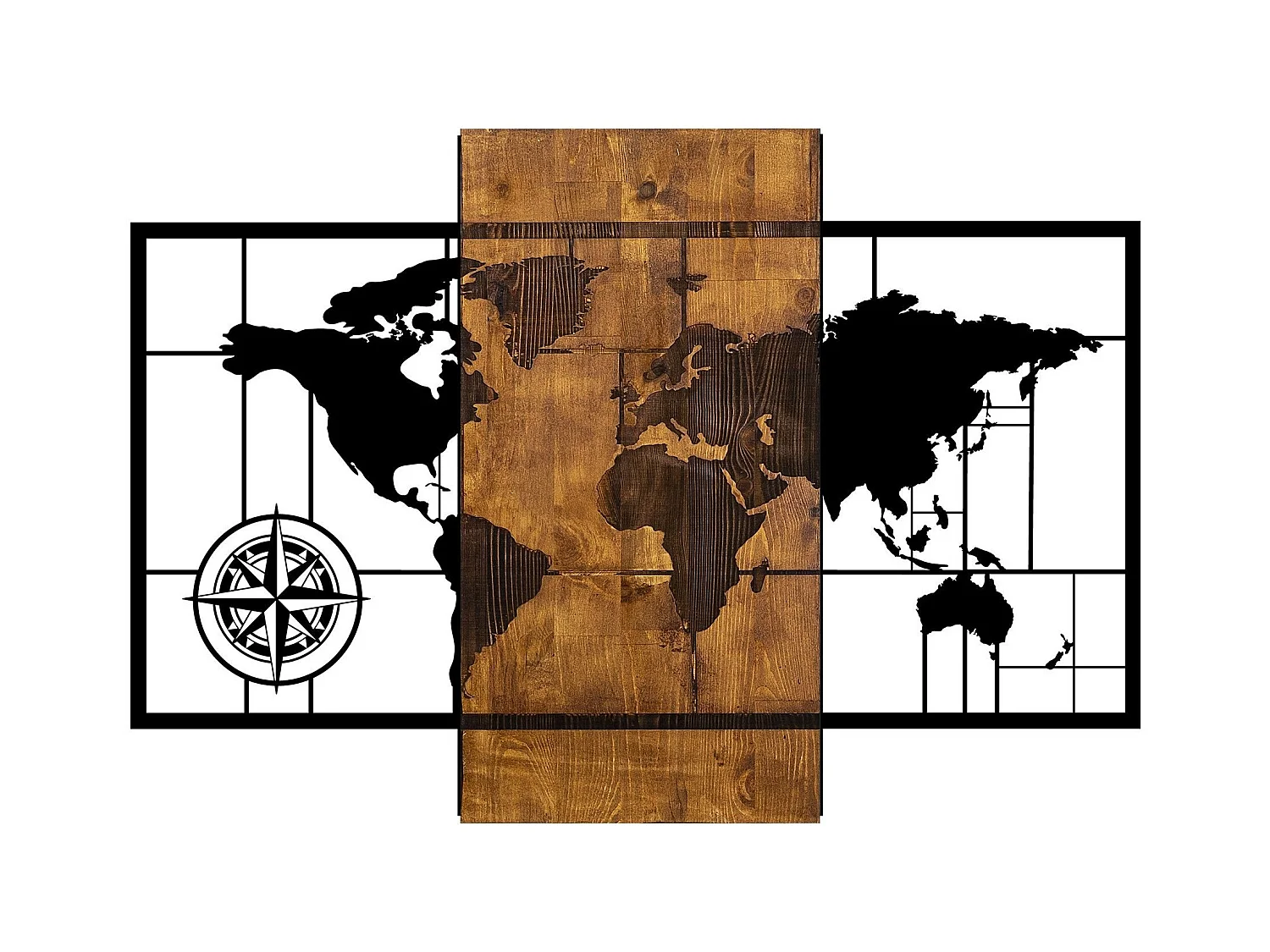 Décoration murale mappemonde points cardinaux Chiara L85xH58cm Métal Noir et Bois massif foncé