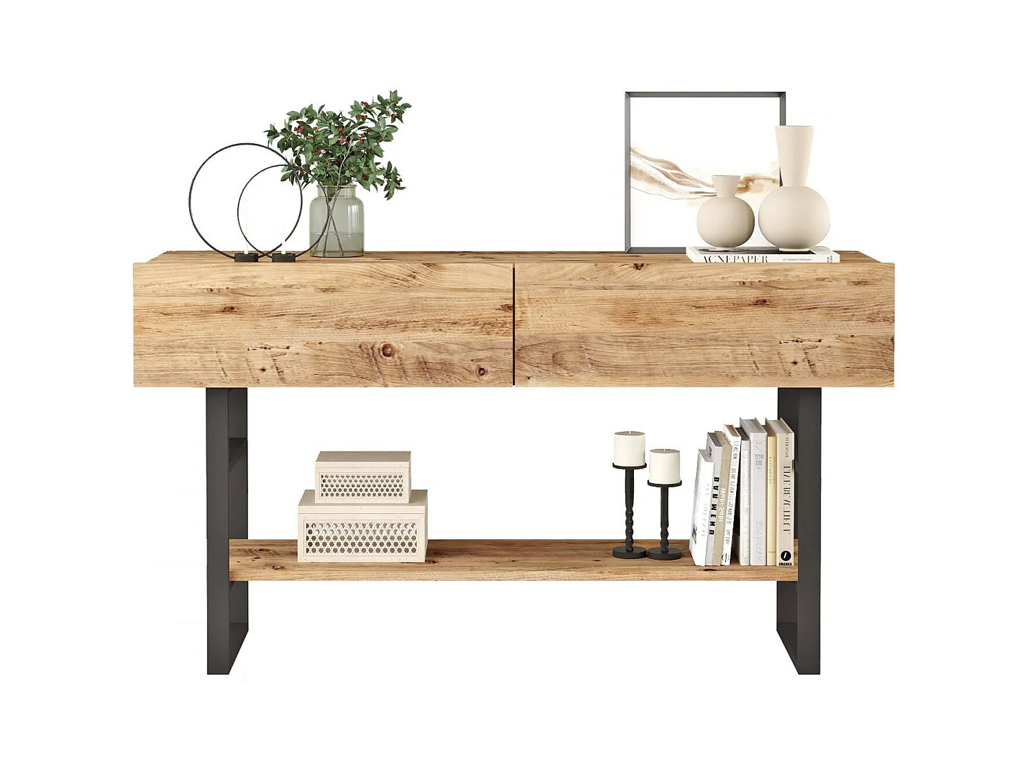 Konsole mit 2 Klapptüren und 1 Regal im Atlantik-Kiefer-Dekor - L138,8 cm