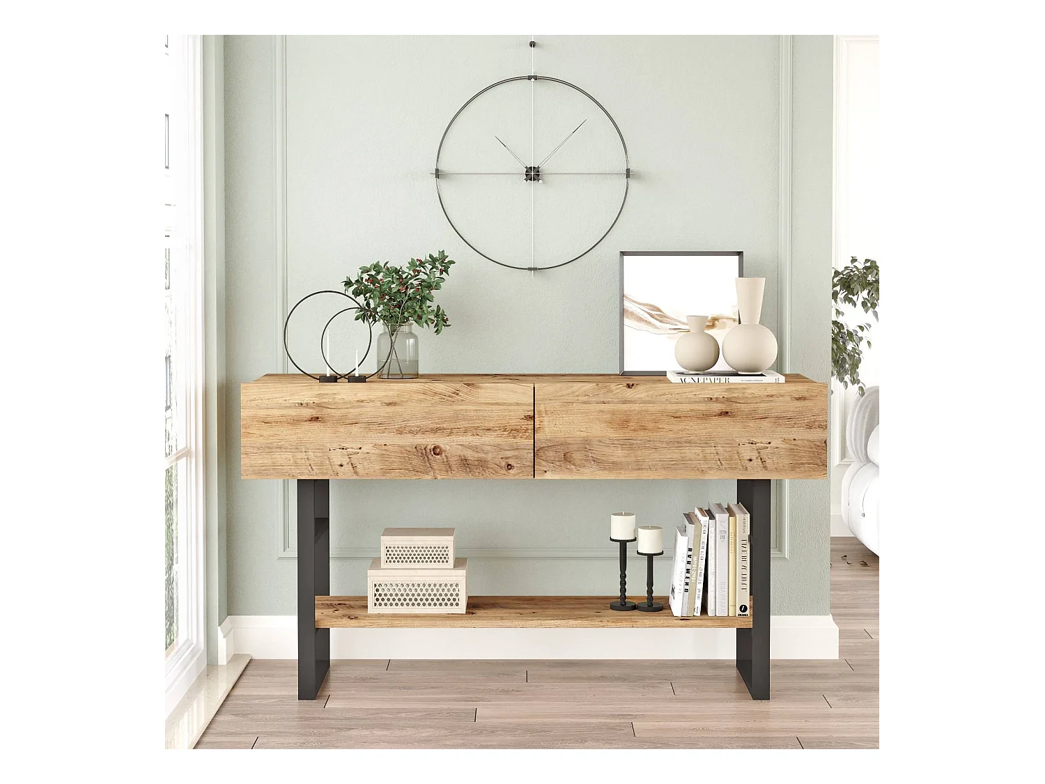 Console 2 abattants et 1 étagère décor pin atlantique - L139 cm