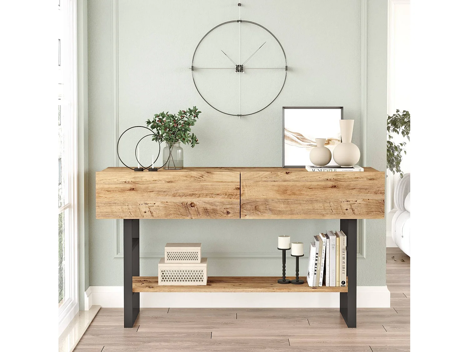 Console 2 abattants et 1 étagère décor pin atlantique - L139 cm