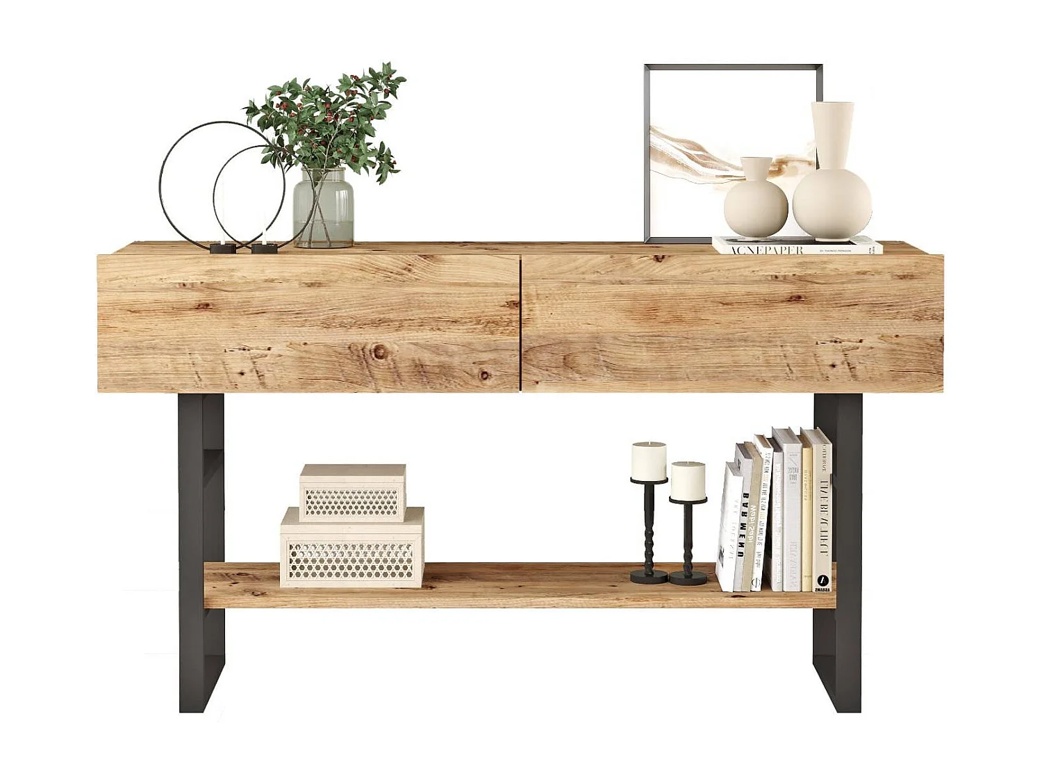 Console 2 abattants et 1 étagère décor pin atlantique - L139 cm