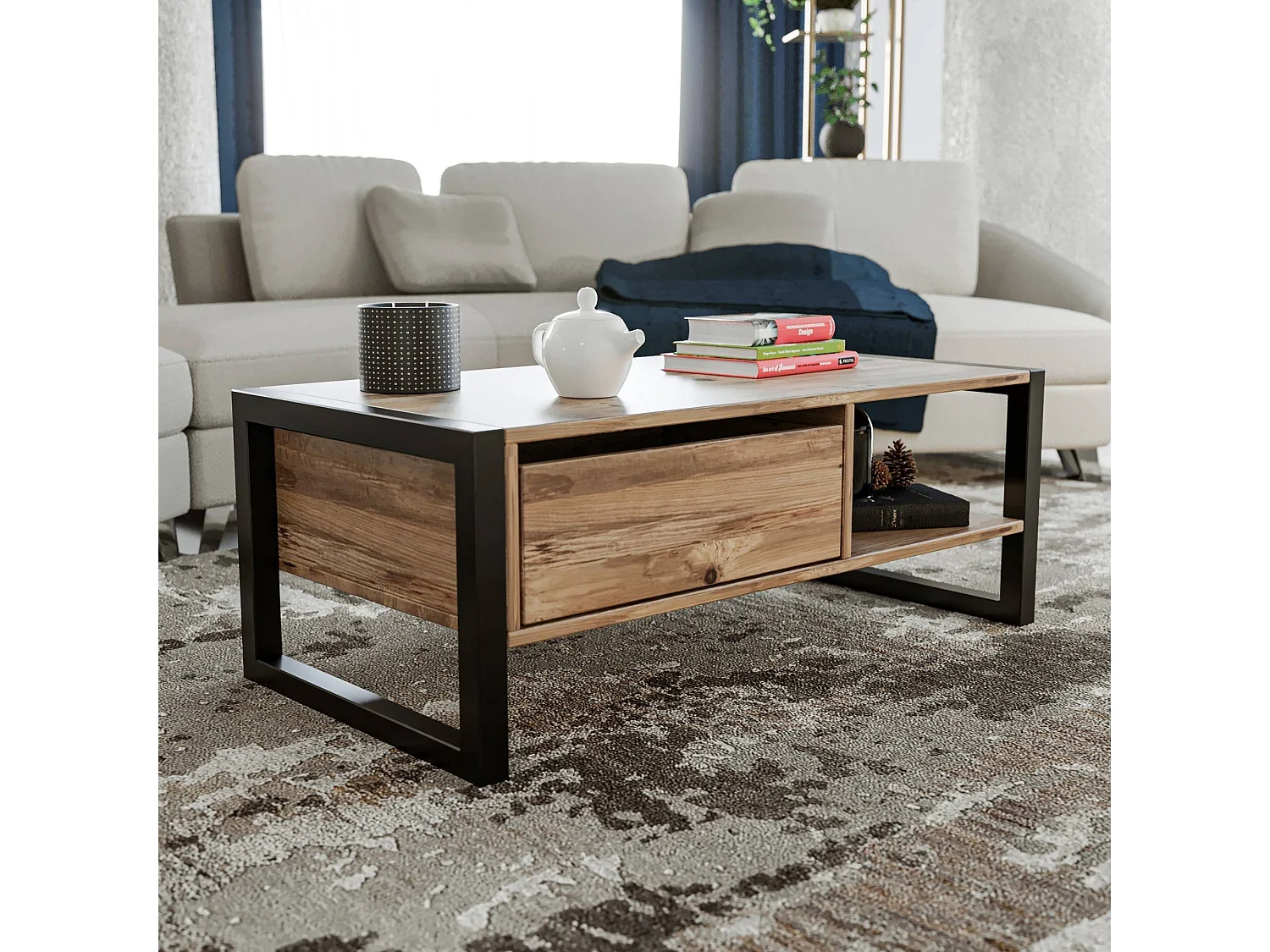 Mesa de café Kailua 1215, Negro|Pino, 40x55x105cm, Aglomerado laminado, Angular