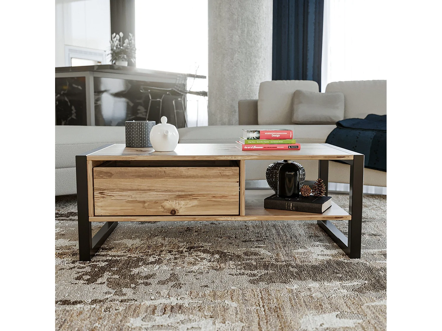 Mesa de café Kailua 1215, Negro|Pino, 40x55x105cm, Aglomerado laminado, Angular