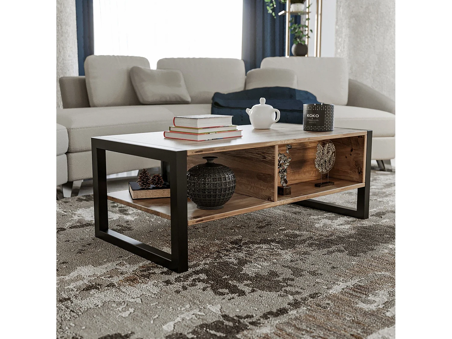 Mesa de café Kailua 1215, Negro|Pino, 40x55x105cm, Aglomerado laminado, Angular