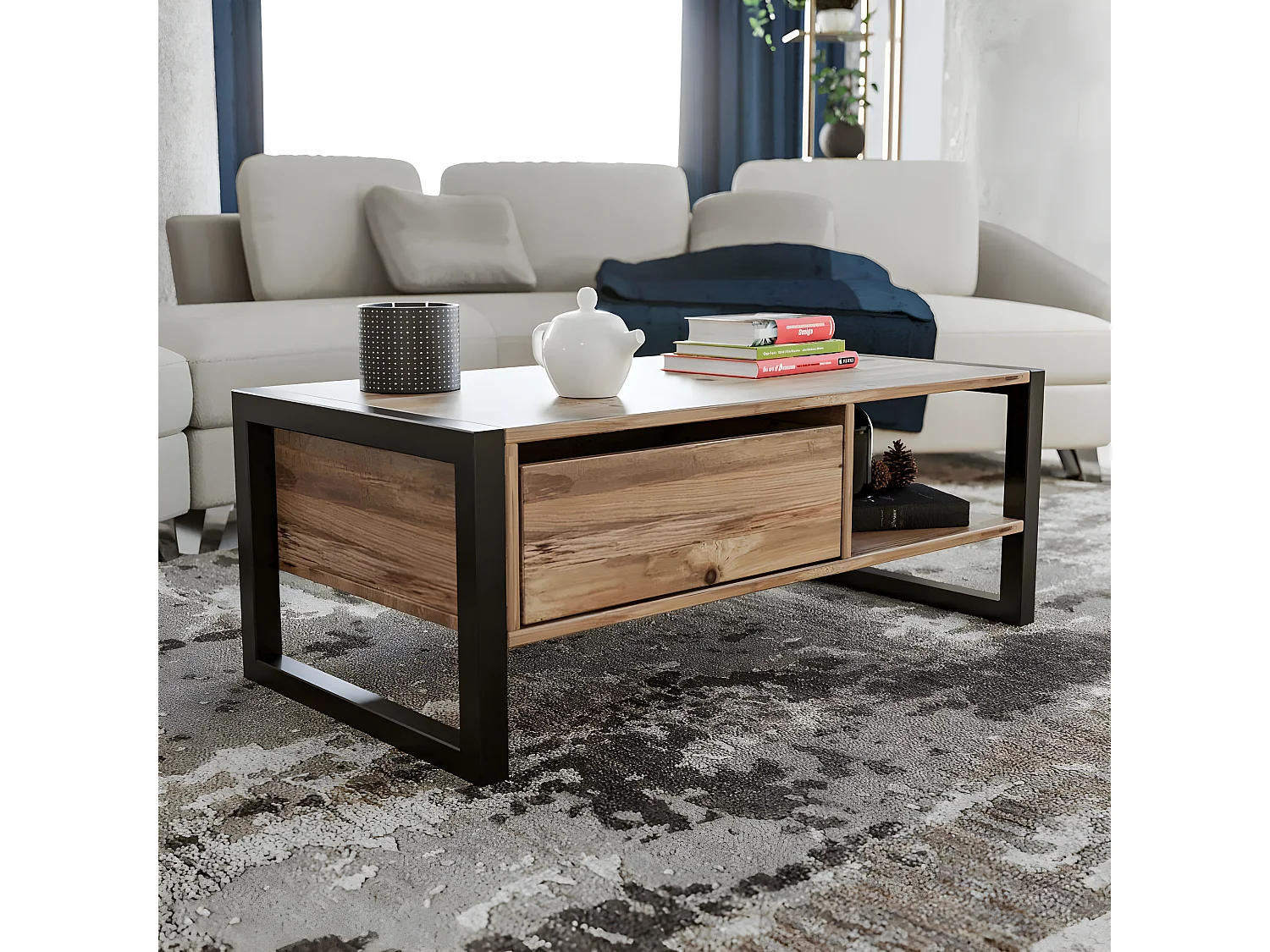 Mesa de café Kailua 1215, Negro|Pino, 40x55x105cm, Aglomerado laminado, Angular