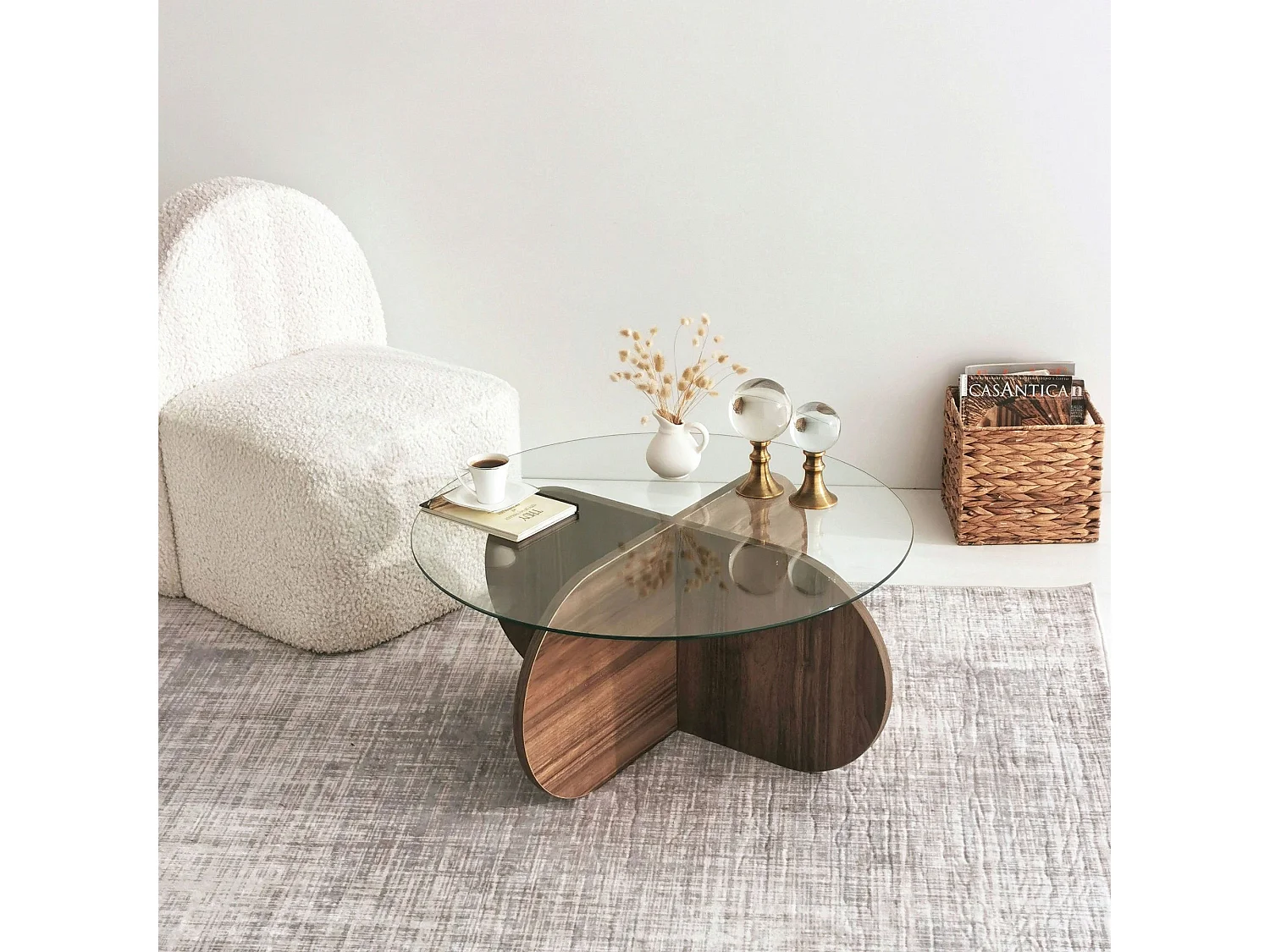 Bosi moderne ronde salontafel in walnoot en gehard glas Lova 75 cm