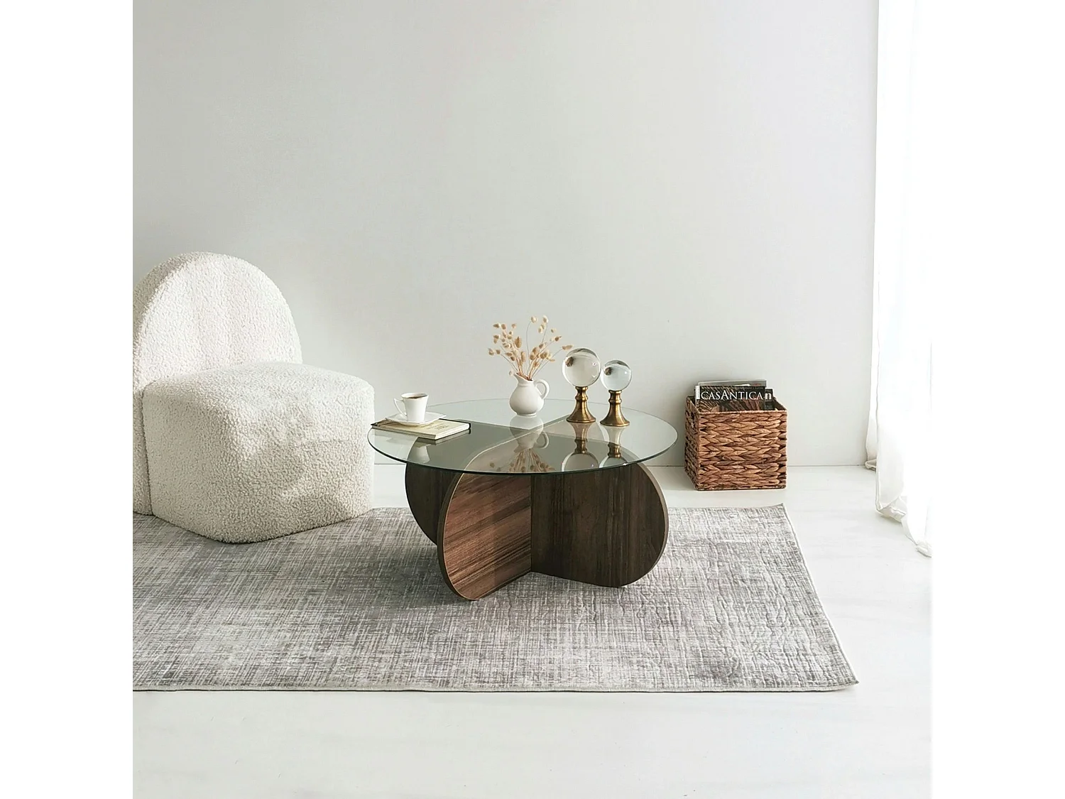 Bosi moderne ronde salontafel in walnoot en gehard glas Lova 75 cm