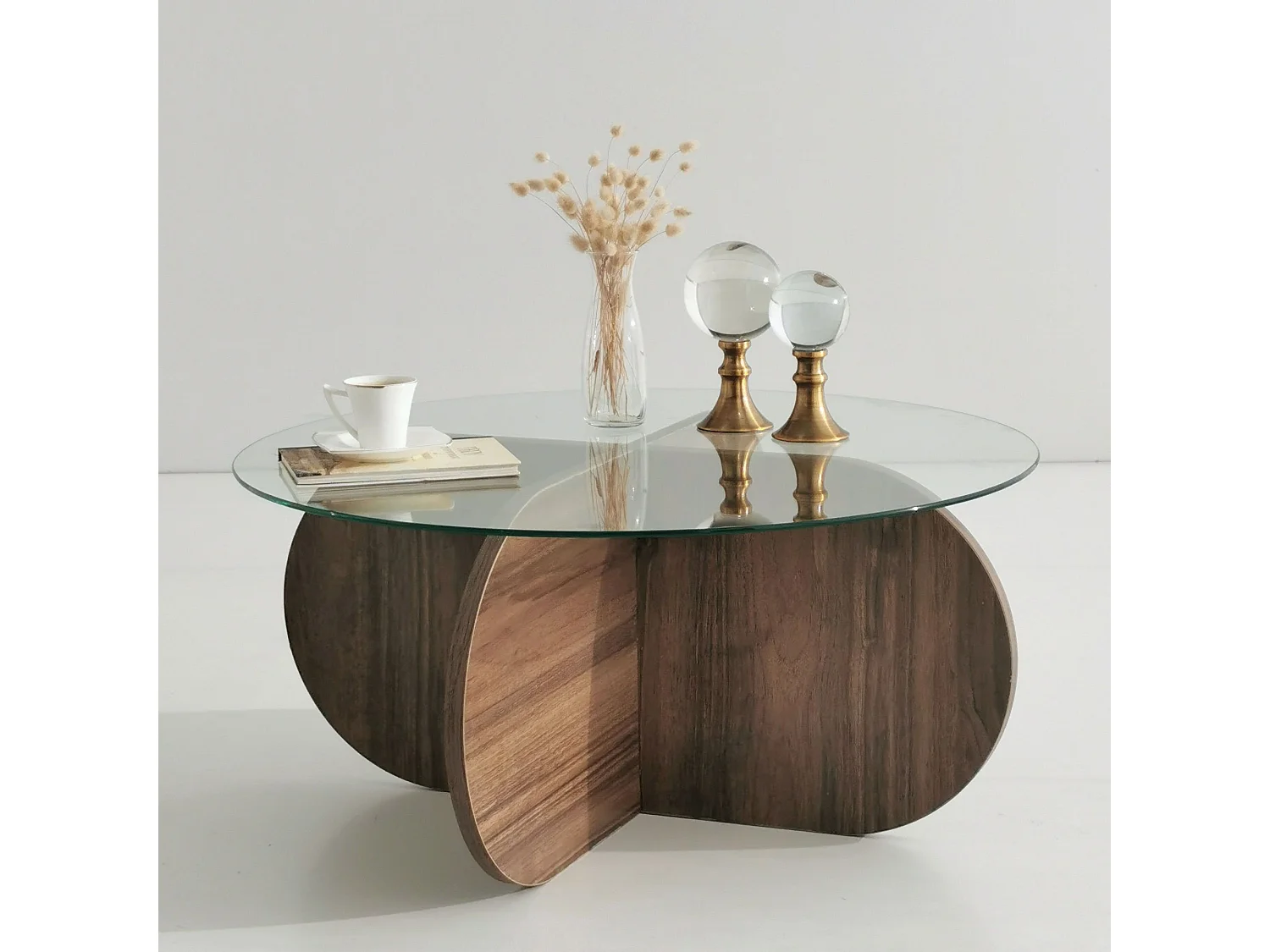 Bosi moderne ronde salontafel in walnoot en gehard glas Lova 75 cm