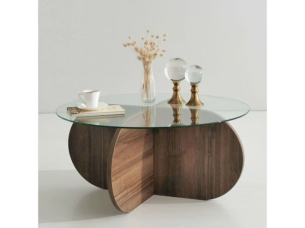 Bosi moderne ronde salontafel in walnoot en gehard glas Lova 75 cm