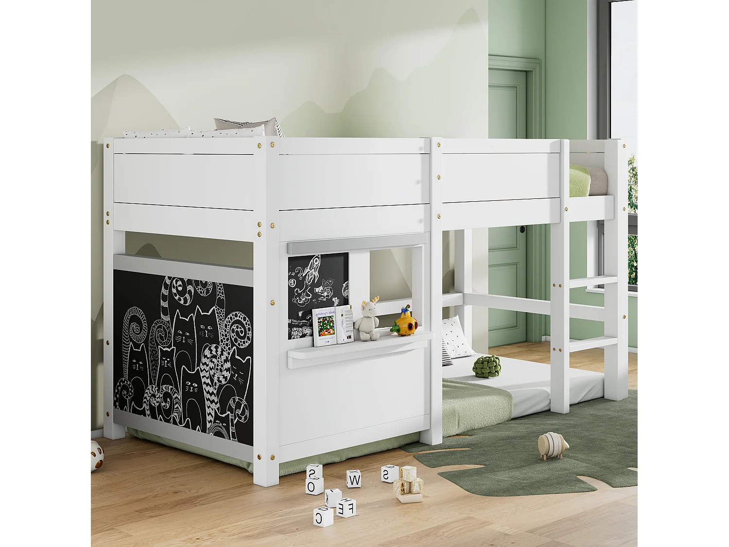 Letto a castello matrimoniale - 2 x 90 x 200 cm - pino - rete a doghe - bianco