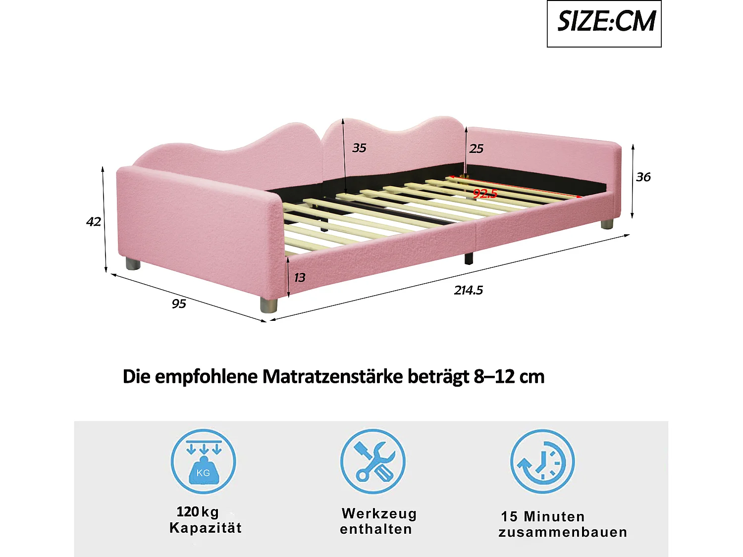 Gepolstertes Schlafsofa – 90 x 200 cm – 2 Schubladen – Plüschstoff – Lattenrost – für Kinder oder Babys – Rosa
