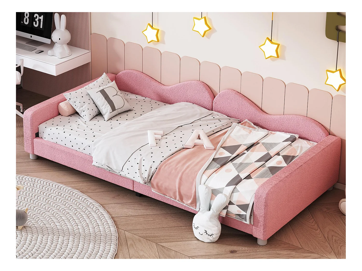Lit banquette capitonné - 90 x 200 cm - 2 tiroirs - tissu peluche - sommier à lattes -  pour enfant ou bébé - rose
