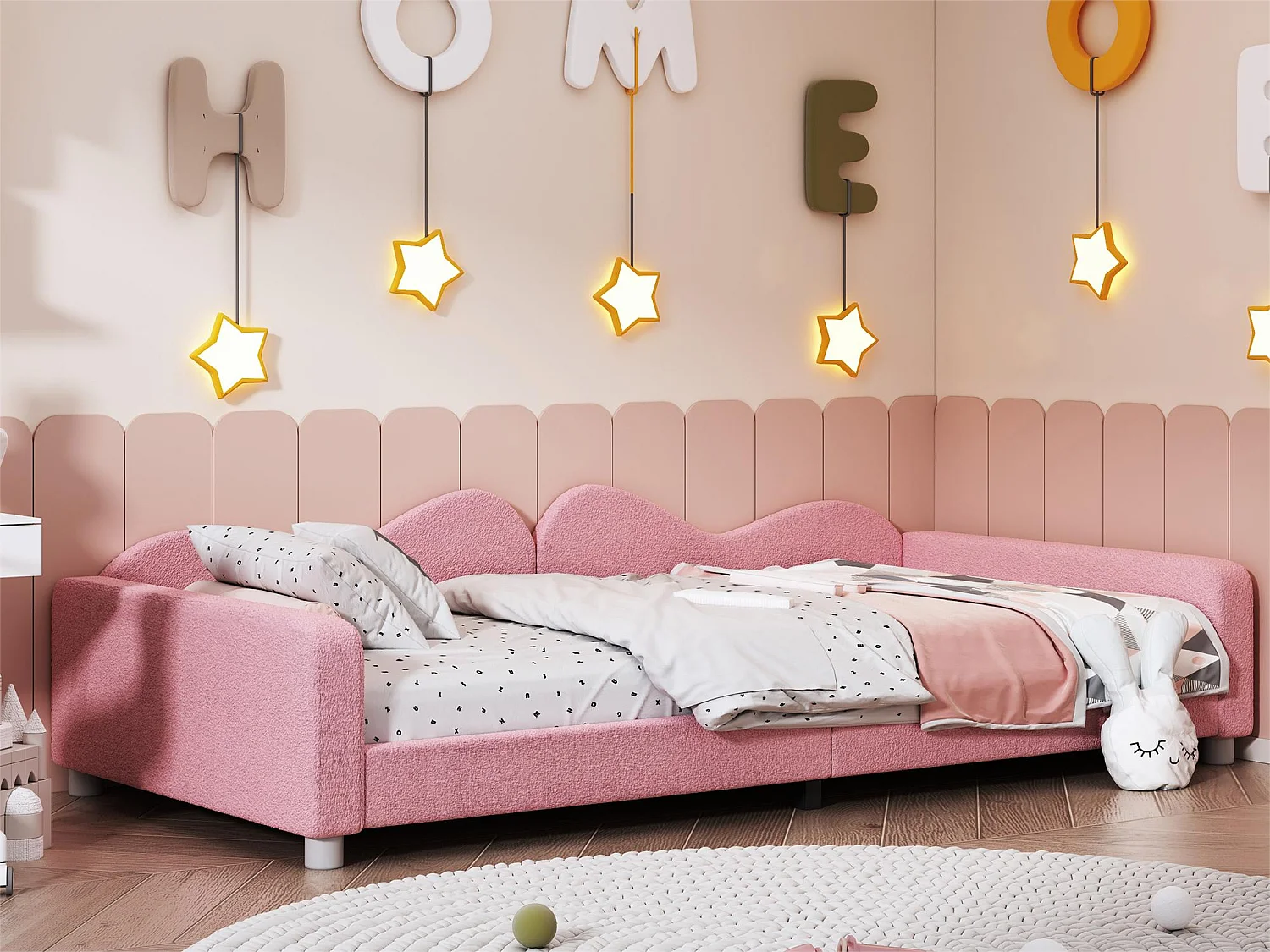 Lit banquette capitonné - 90 x 200 cm - 2 tiroirs - tissu peluche - sommier à lattes -  pour enfant ou bébé - rose