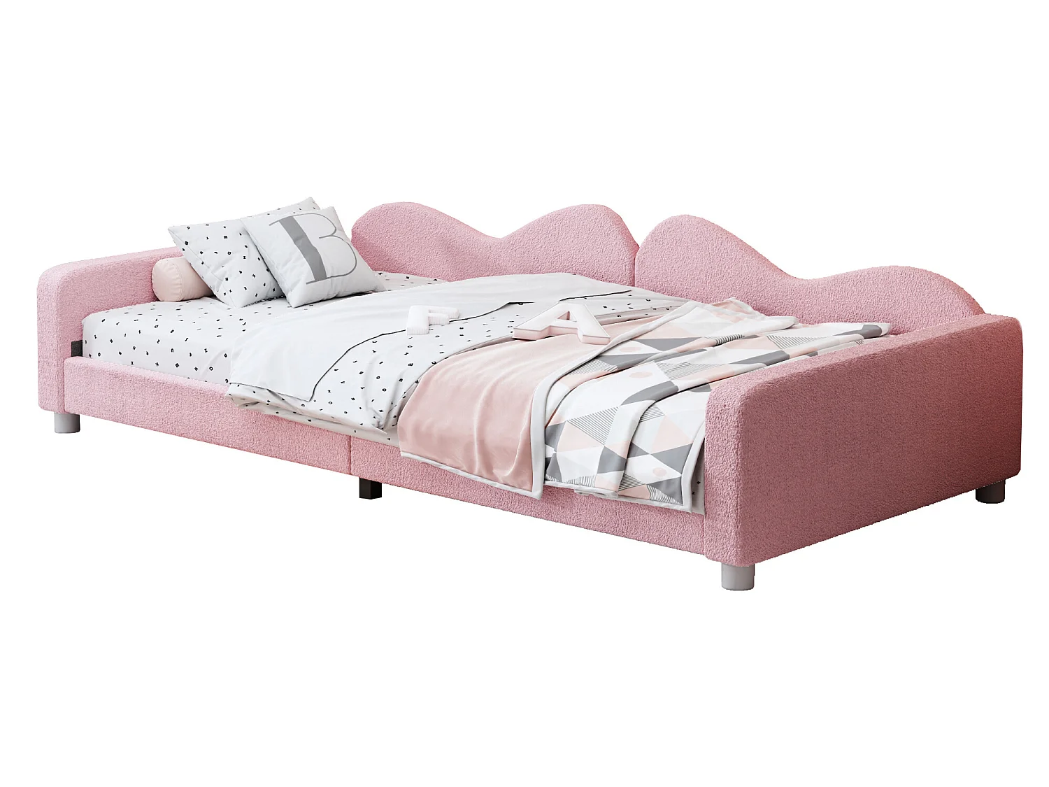 Lit banquette capitonné - 90 x 200 cm - 2 tiroirs - tissu peluche - sommier à lattes -  pour enfant ou bébé - rose