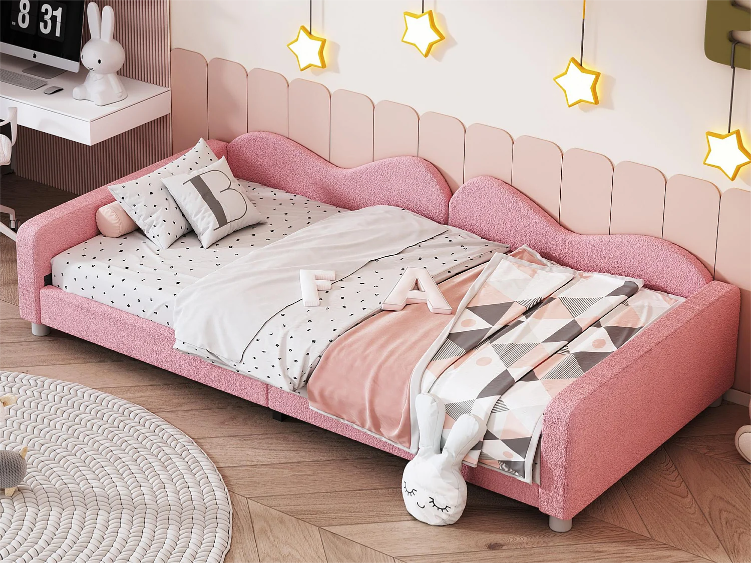 Divano letto imbottito - 90 x 200 cm - 2 cassetti - tessuto felpato - rete a doghe - per bambini o neonati - rosa